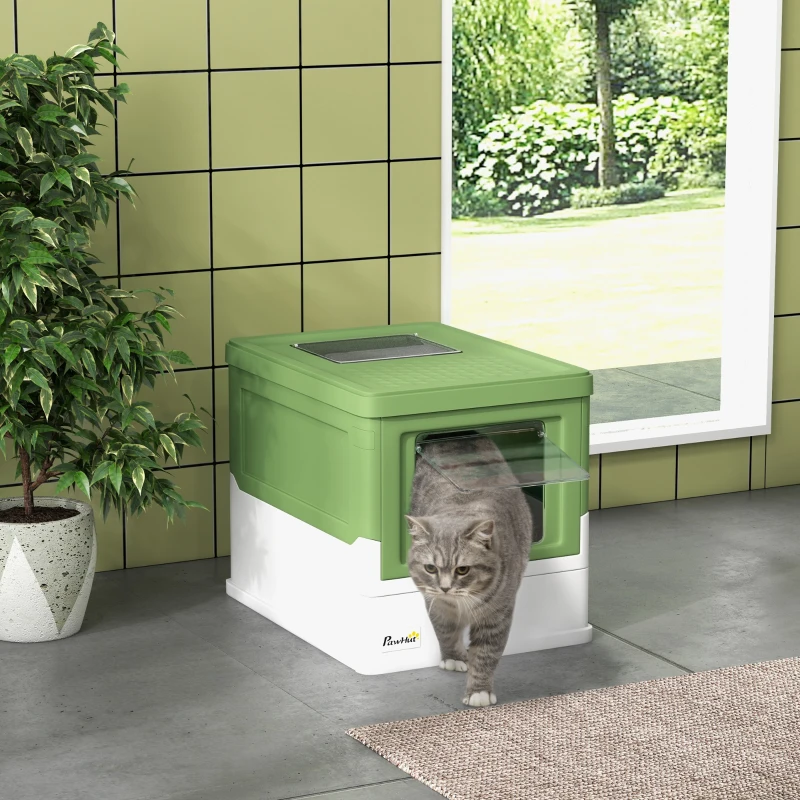 PawHut Lettiera per Gatti Chiusa con Paletta, Vassoio Estraibile e 2 Porte, 47.5x35.5x36.7cm, Verde Chiaro