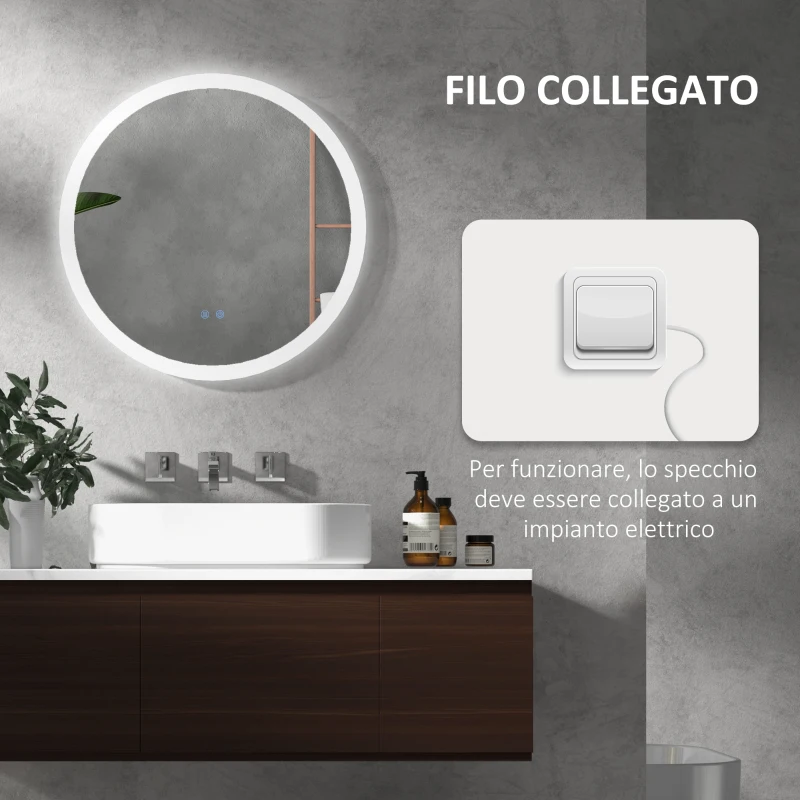 kleankin Specchio Bagno con Luci LED Regolabili, Controllo Touch e Design Antiappannamento, Ø60 cm