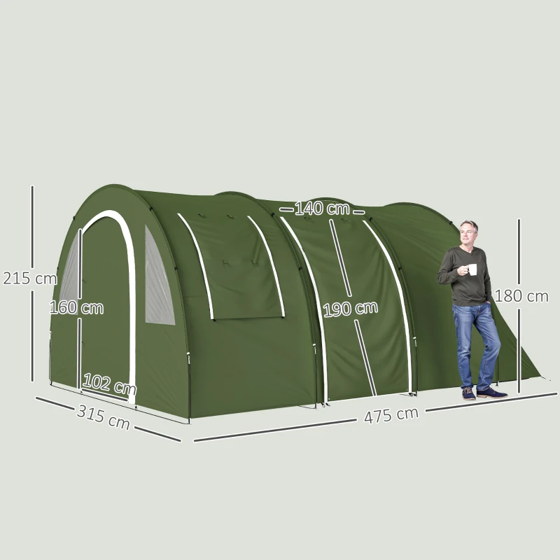Outsunny 5-6 Man Camping Tent with 2 Room, Floor and Carry Bag - Green