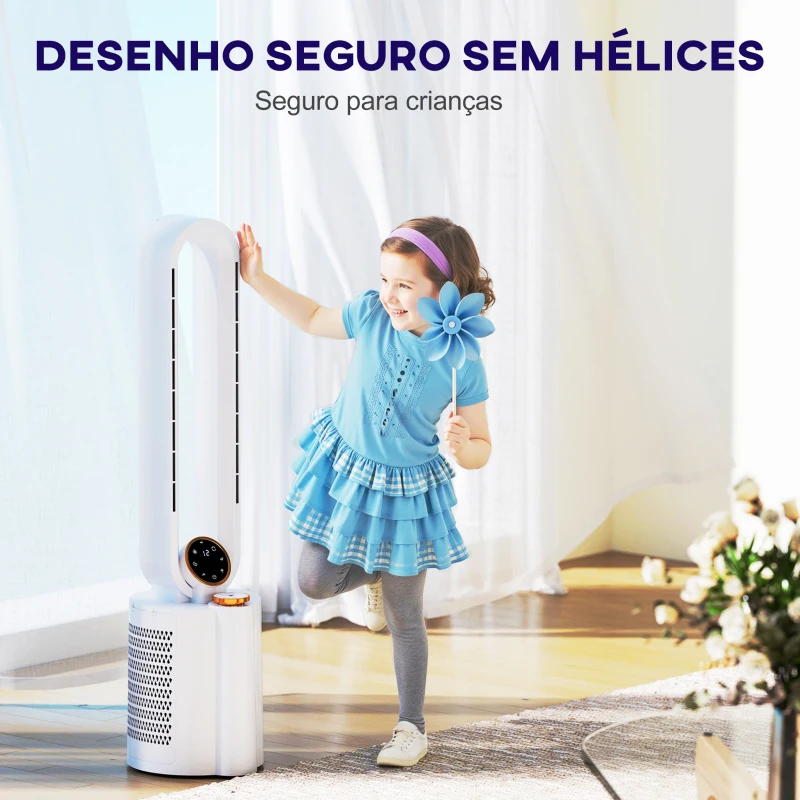 HOMCOM Ventoinha sem Hélices com Esterilização UV 12 Velocidades Purificador de Ar Humidificador Temporizador 8H Oscilação 90° 24x26,5x97 cm Branco
