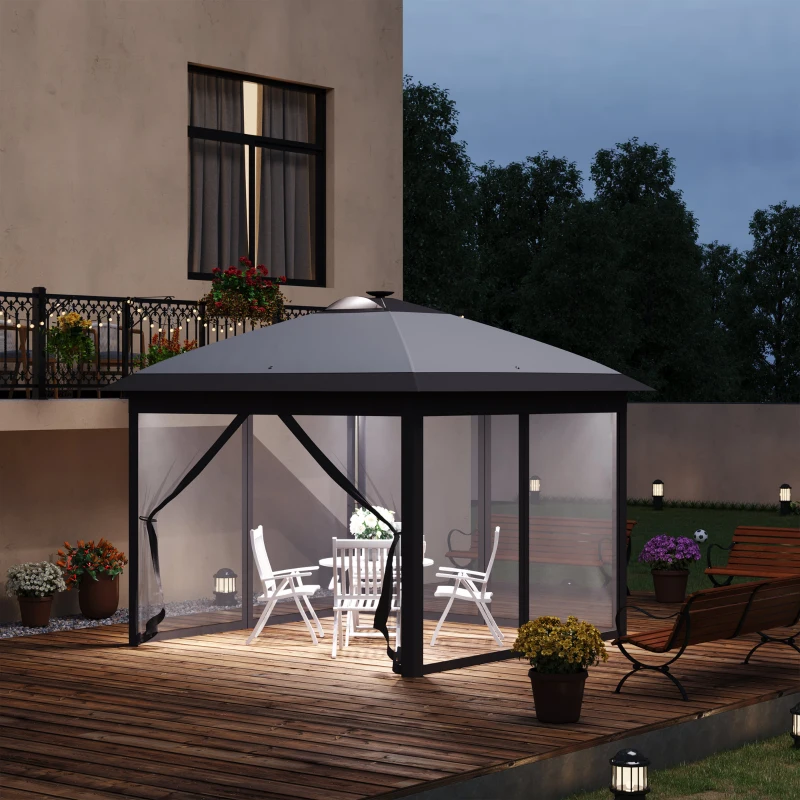 Outsunny 3,3 x 3,3 m Faltpavillon mit LED-Beleuchtung, Meshvorhänge, Tragetasche, Grau
