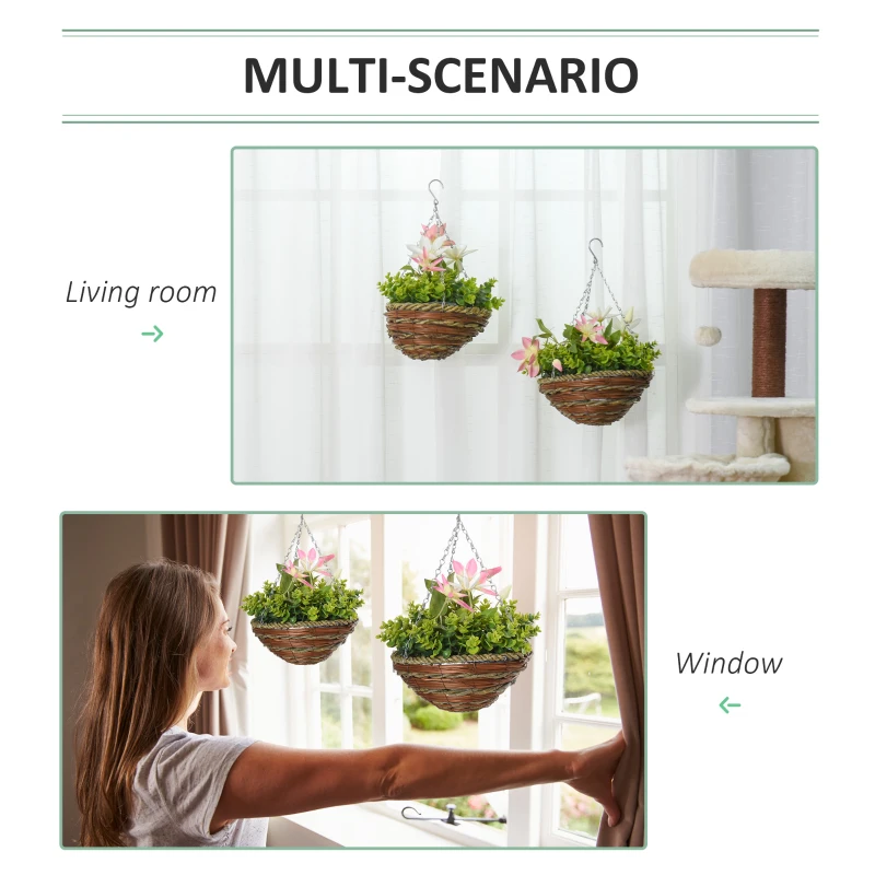 Outsunny Pack of 2 Artificial Clematis Flowers Hanging Planter Basket for Indoor Outdoor Decoration