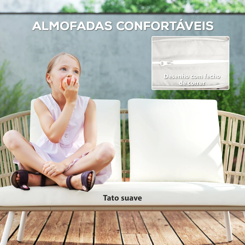 Outsunny Conjunto de Jardim em Vime Sintético de 4 Peças com Sofá de 2 Lugares 2 Poltronas 1 Mesa de Centro Creme e Madeira