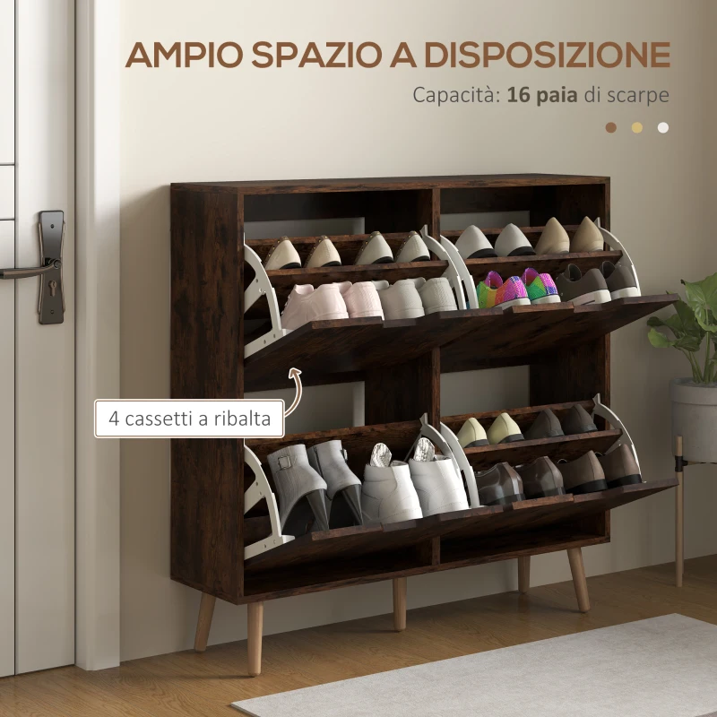 HOMCOM Mobile Scarpiera con 4 Cassetti Ribaltabili a 2 Livelli per 16 Paia, in Legno, 95x26x95 cm, Marrone