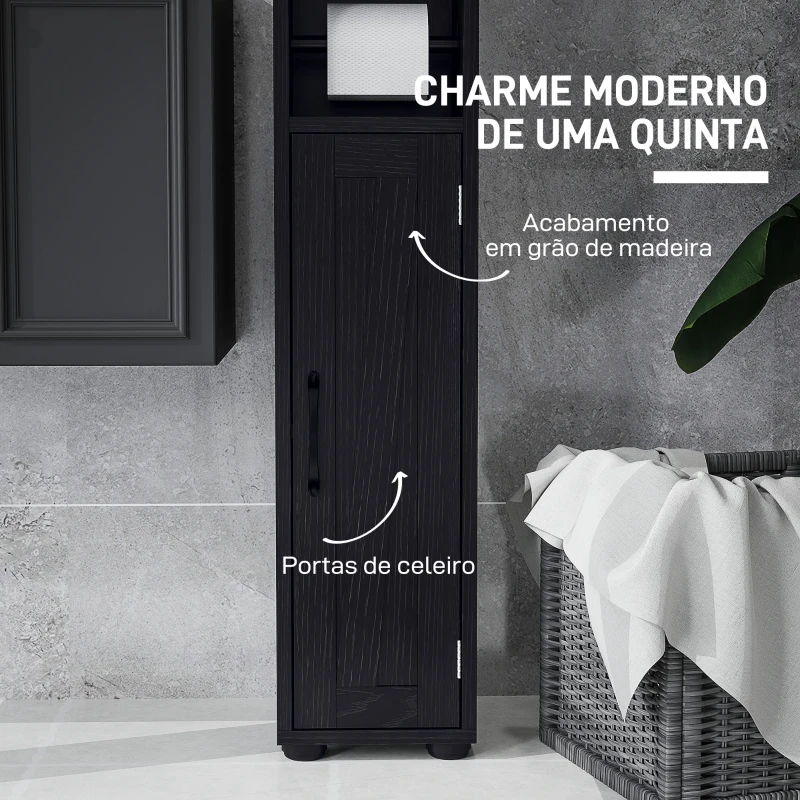 HOMCOM Coluna Casa de Banho com Compartimento Aberto Prateleiras Ajustáveis e Suporte para Papel Higiênico 20x20x185 cm Preto