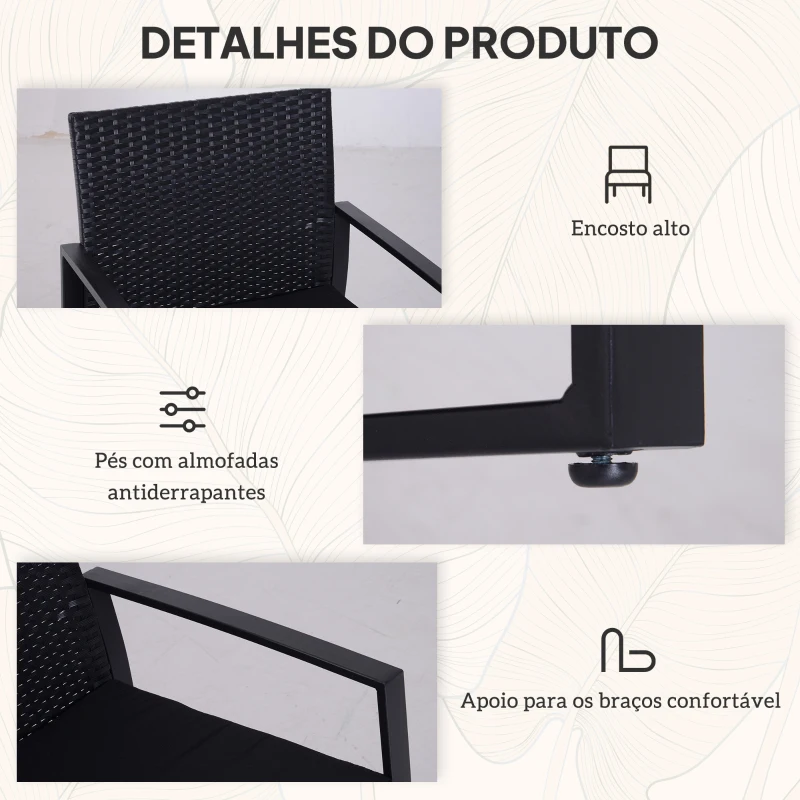 Outsunny Conjunto de Jardim de Vime 3 Peças 1 Mesa 42,5x40x39 cm 2 Poltronas 63x57x76 cm Almofada Acolchoada para Pátio Varanda Preto