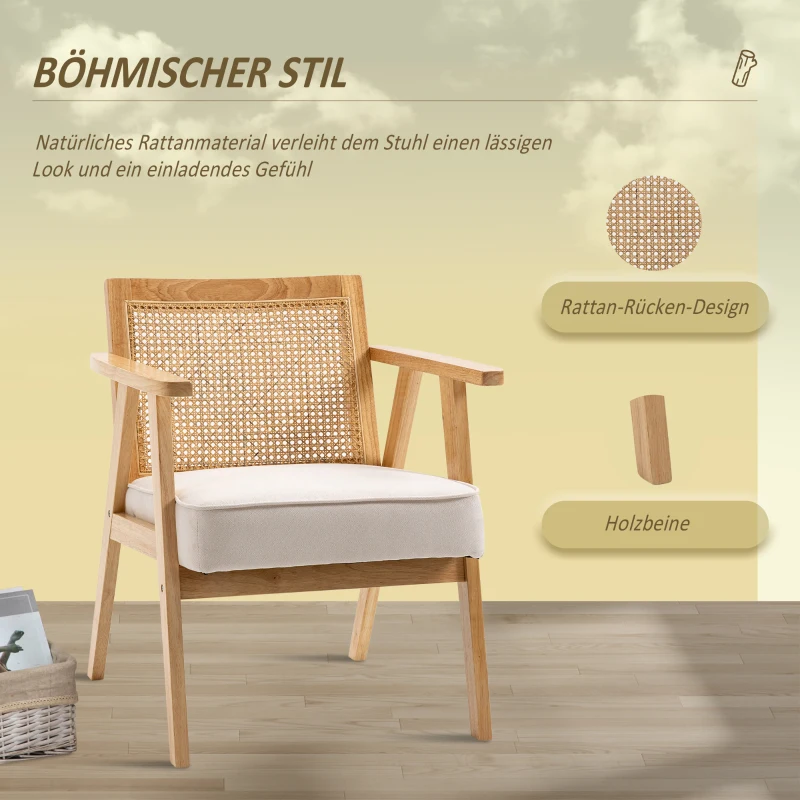 HOMCOM Exotische gestoffeerde stoel, Rubberhout, Zitkussen in Linnen-Look, 63L x 69B x 78H cm, Cremewit(m-4)