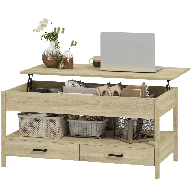 HOMCOM Mesa de Centro com Bancada Elevável Espaço Oculto de Armazenamento Gavetas e Prateleira Aberta 100x50x48-62 cm Carvalho