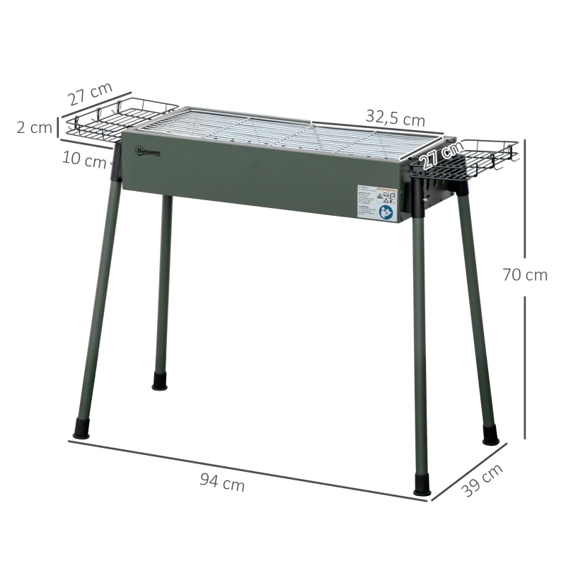 Outsunny Barbecue a Carvão com 2 Grelhas de Aço Inoxidável Portátil com 2 Prateleiras para Temperos com Ganchos 77x30x70 cm Verde