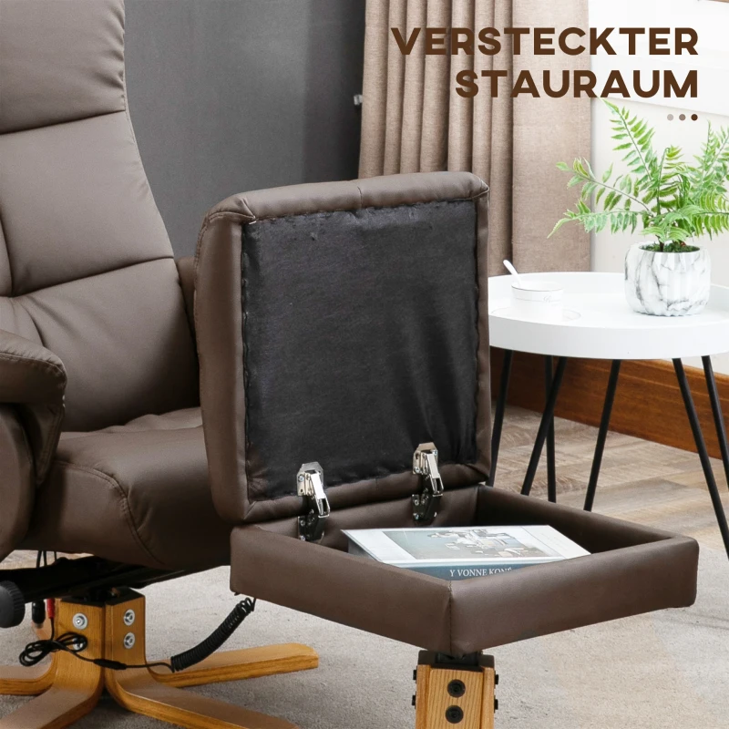 HOMCOM Relaxsessel mit Liegefunktion Massagesessel mit Fußhocker Fernsehsessel TV Sessel 145°-Neigung Liegesessel Ergonomischer Stuhl mit 10 Vibrationpunkte Kunstleder Braun 80 x 86 x 99 cm