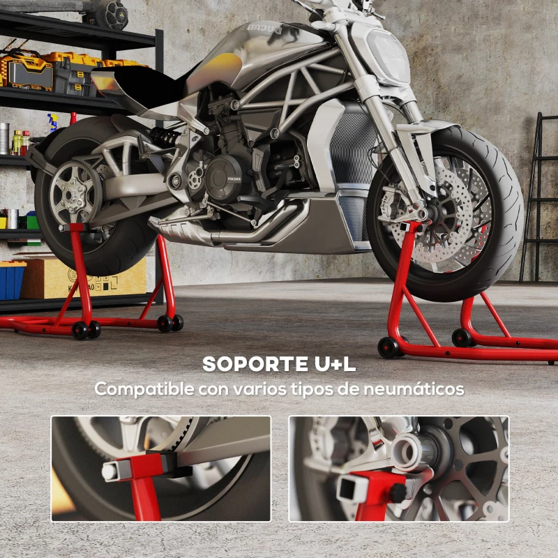 HOMCOM Caballete de Moto Soporte Posterior Universal Portátil y Móvil Tipo Elevador de Acero con 2 Horquillas y Ruedas 80x50x40 cm Color Rojo