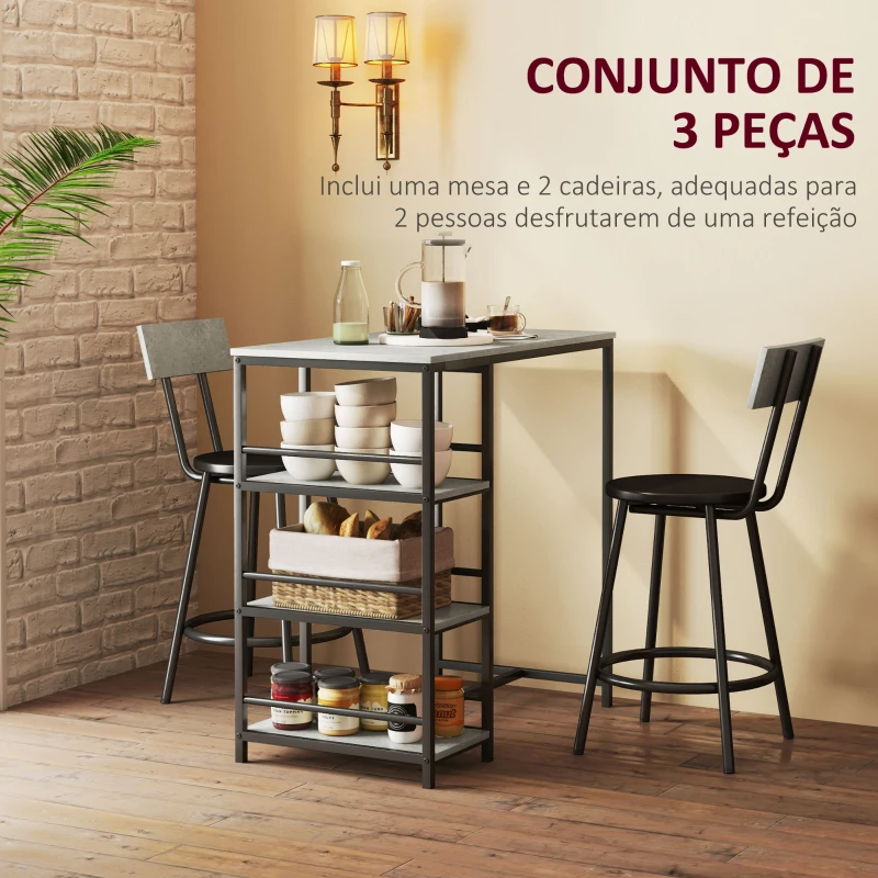 HOMCOM Conjunto de Mesa Alta de Bar com 2 Bancos Mesa Alta de Cozinha com Bancos Prateleiras Laterais Cinza Escuro