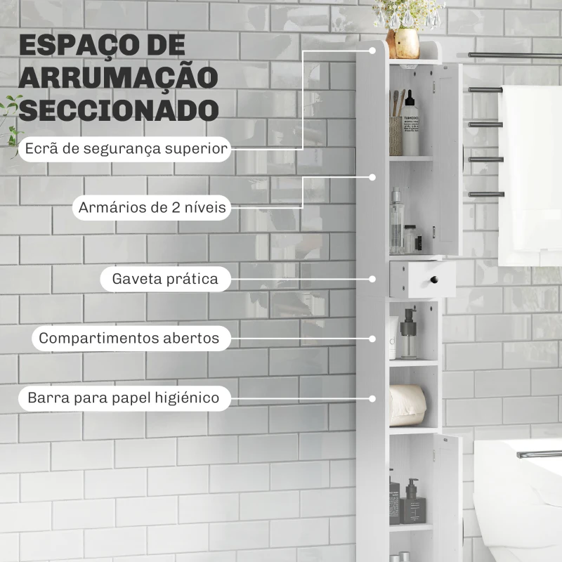 HOMCOM Coluna Casa de Banho com Compartimento Aberto Prateleiras Ajustáveis e Suporte para Papel Higiênico 20x20x185 cm Branco