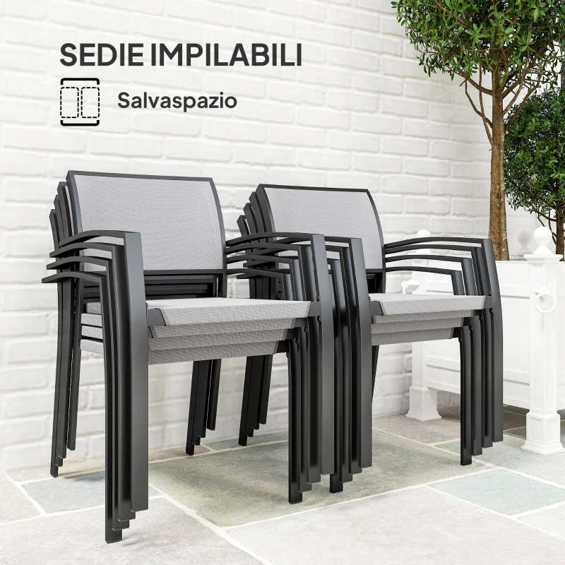 Outsunny Set da Giardino con Tavolo da Pranzo Rettangolare e 8 Sedie Impilabili con Braccioli, Grigio