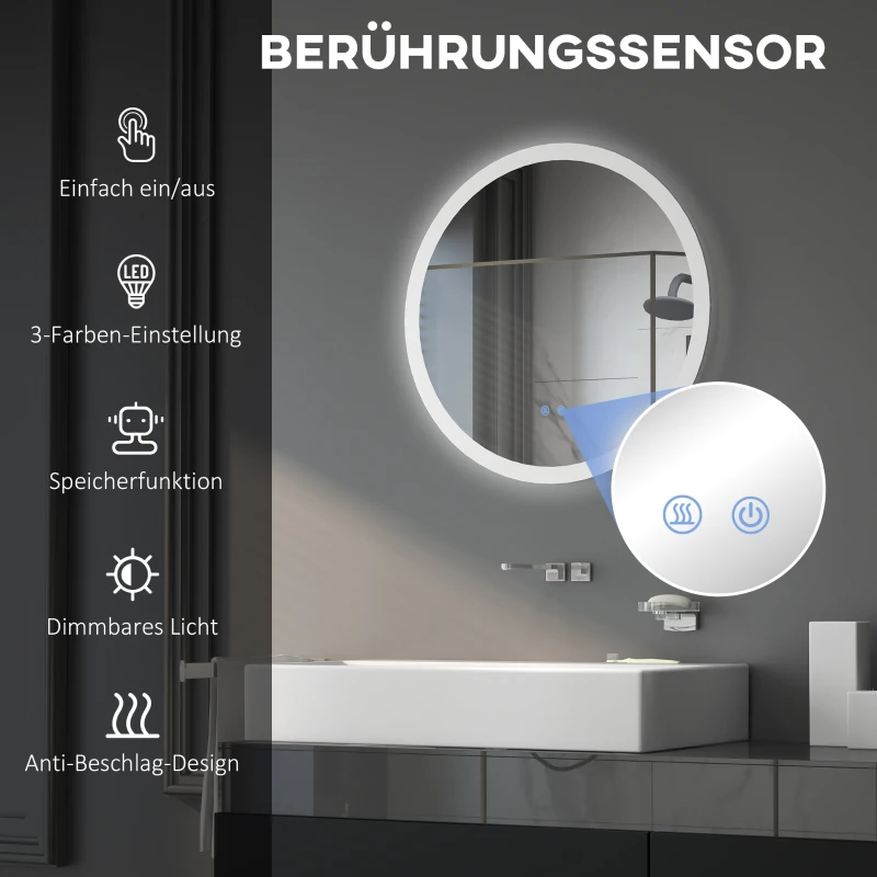 kleankin LED Badspiegel, einstellbare Helligkeit, Entnebelung, Touch, IP44, Metall/Glas, Ø60 cm, Weiß/Silber