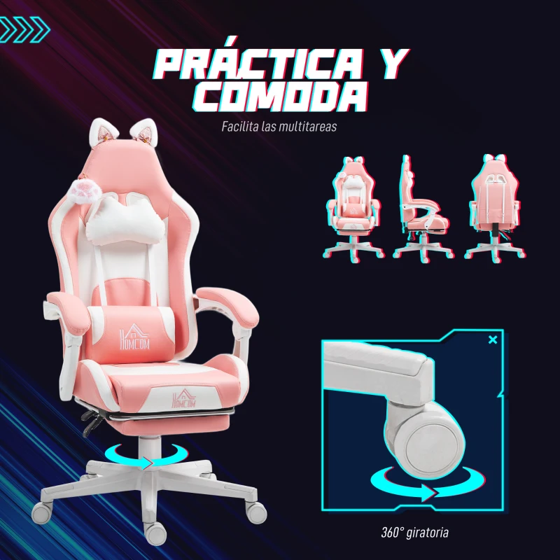 HOMCOM Silla Gamer Reclinable con Altura Ajustable Reposapiés Retráctil Soporte Lumbar y Reposacabezas Desmontable Rosa