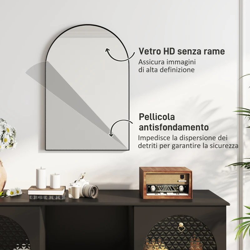 HOMCOM Specchio da Bagno ad Arco in Lega di Alluminio e Vetro 60x90 cm per Camera e Soggiorno, Nero