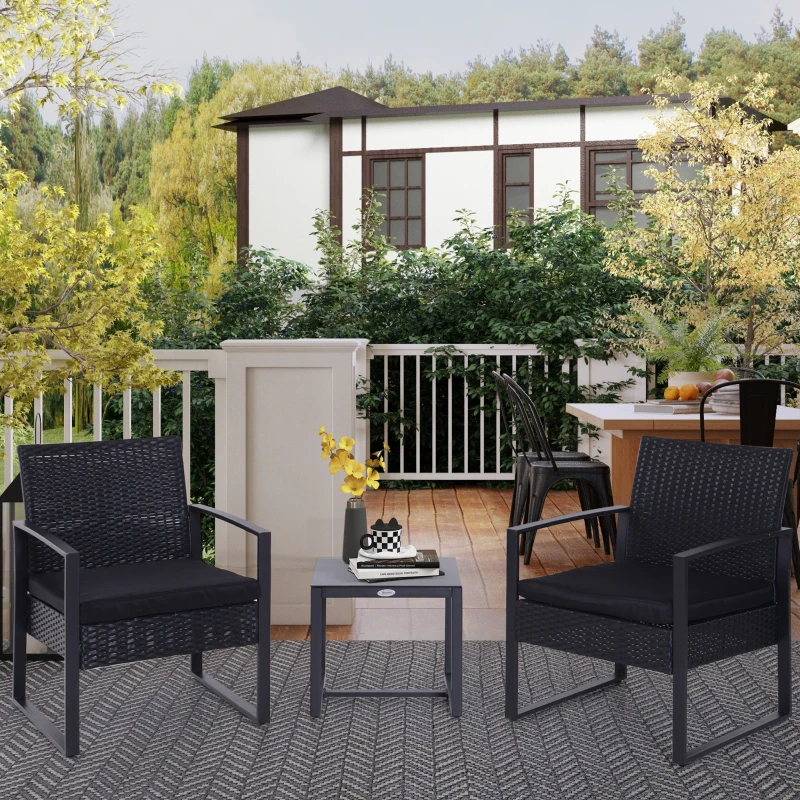 Outsunny Conjunto de Jardim de Vime 3 Peças 1 Mesa 42,5x40x39 cm 2 Poltronas 63x57x76 cm Almofada Acolchoada para Pátio Varanda Preto