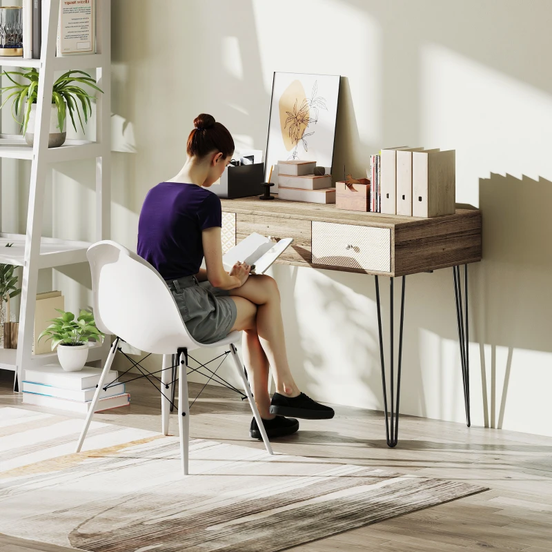 HOMCOM Secretária Estilo Boémio Mesa Secretária com 3 Gavetas e Pés de Ferro para Escritório Dormitório Tocador 105x50x75 cm Madeira