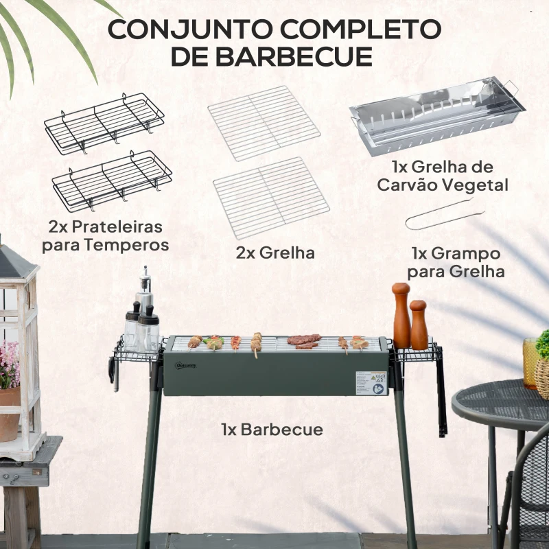 Outsunny Barbecue a Carvão com 2 Grelhas de Aço Inoxidável Portátil com 2 Prateleiras para Temperos com Ganchos 77x30x70 cm Verde