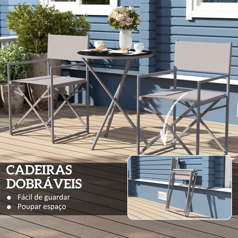 Outsunny Conjunto de Móveis de Jardim de 3 Peças com 2 Cadeiras Dobráveis Mesa com Bancada em Vidro Temperado Cinza Escuro
