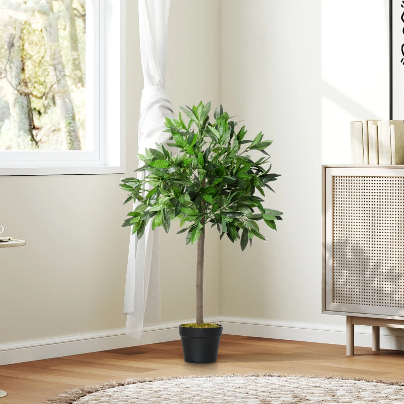 Outsunny Artificial Bay Laurel Topiary Trees w/ Pot Fake, Set Of 2 90cm/3FT Indoor Greenery Plant Home Office Garden Decor Green