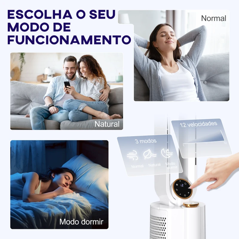 HOMCOM Ventoinha sem Hélices com Esterilização UV 12 Velocidades Purificador de Ar Humidificador Temporizador 8H Oscilação 90° 24x26,5x97 cm Branco