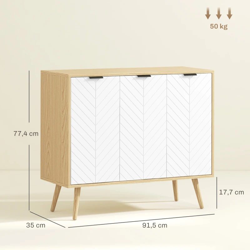 HOMCOM Mueble Buffet Auxiliar con Estantes Ajustables 3 Puertas Carga 50 kg 91,5x35x77,4 cm Blanco y Natural