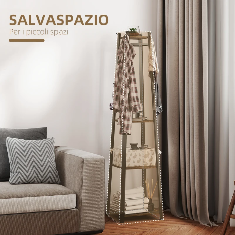 HOMCOM Appendiabiti da Terra con 8 Ganci, 3 Ripiani e Mensola Superiore, 42x42x170 cm, Marrone