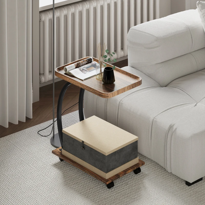 HOMCOM Mesa Auxiliar em Forma de C com Rodas para Sofá com Prateleiras Estrutura de Aço 52x34x60 cm Madeira e Preto