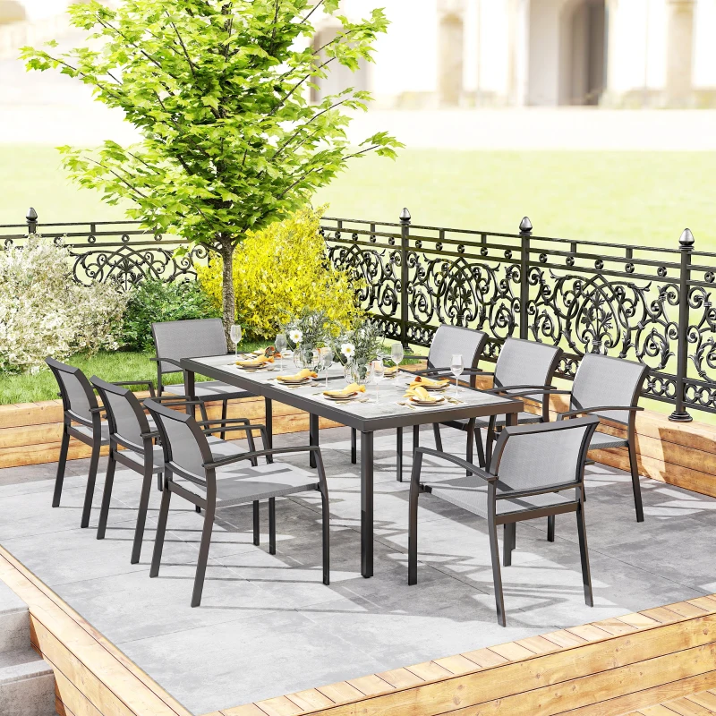 Outsunny Set da Giardino con Tavolo da Pranzo Rettangolare e 8 Sedie Impilabili con Braccioli, Grigio