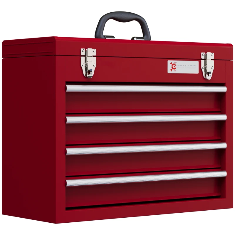 DURHAND Caixa de Ferramentas de Aço com 2 Gavetas Fechaduras Metálicas Mala de Ferramentas Portátil 51x22x39,5 cm Vermelho