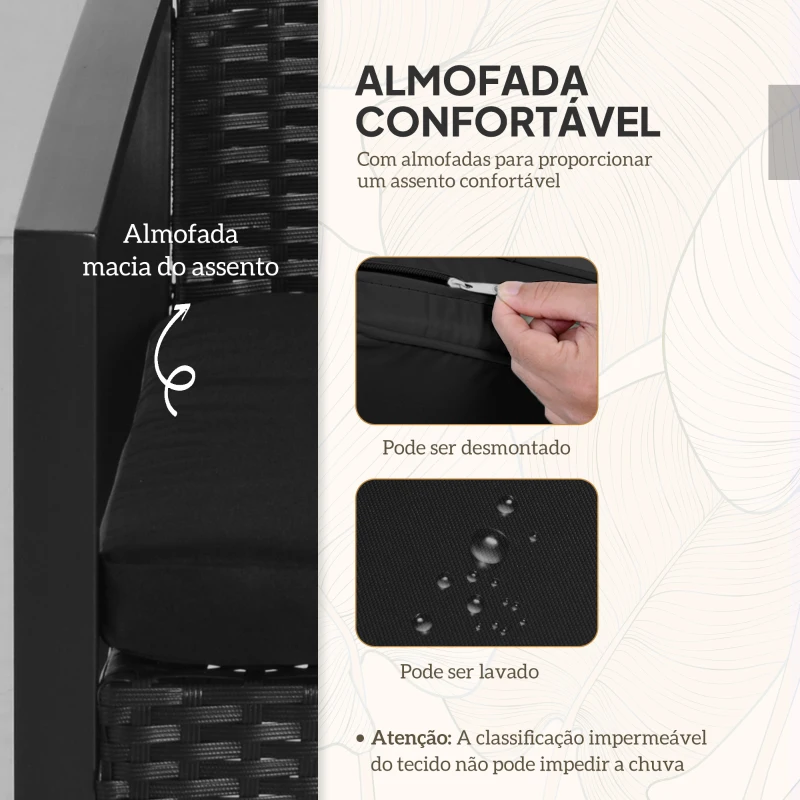 Outsunny Conjunto de Jardim de Vime 3 Peças 1 Mesa 42,5x40x39 cm 2 Poltronas 63x57x76 cm Almofada Acolchoada para Pátio Varanda Preto