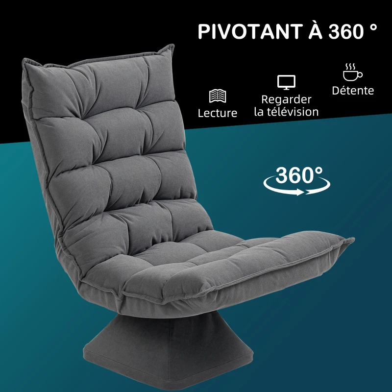 HOMCOM Fauteuil relax fauteuil salon design capitonné inclinaison dossier réglable pivotant 360° revêtement lin gris chiné