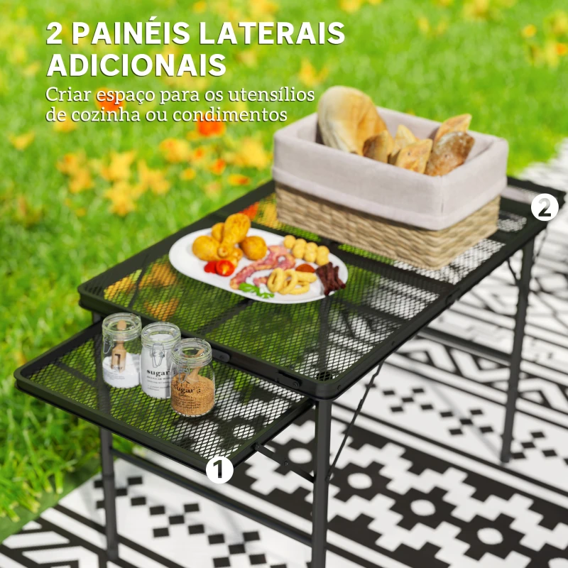 Outsunny Mesa Dobrável Campismo de Alumínio 137x62x67 cm com Laterais Abatíveis Altura Ajustável Bancada Metálica de Grade Preto