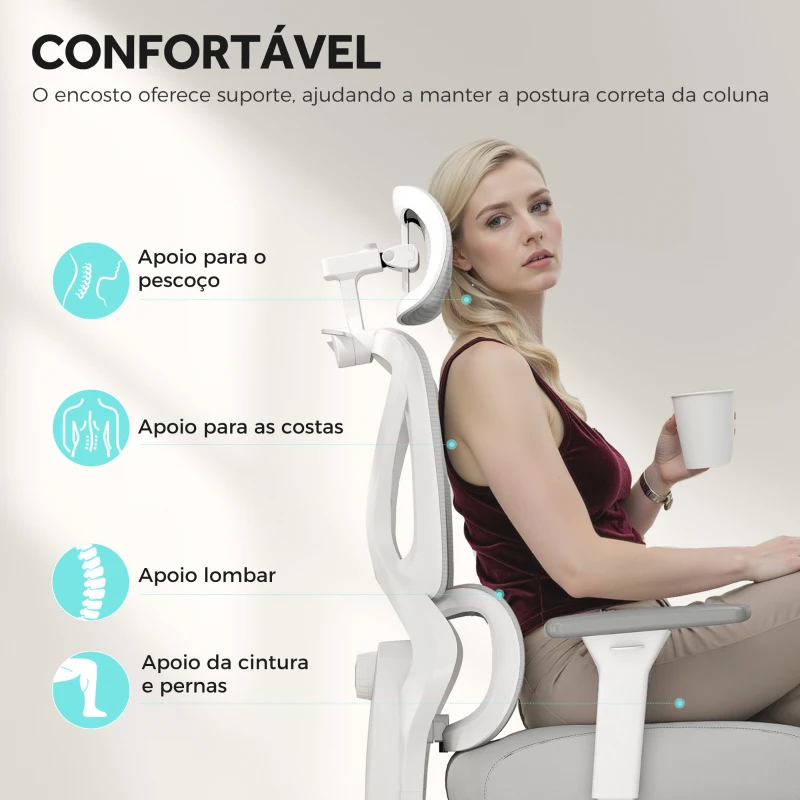 HOMCOM Cadeira de Escritório de Malha Reclinável com Apoio para a Cabeça Ajustável e Altura Regulável  71x70x109-119 cm Cinza