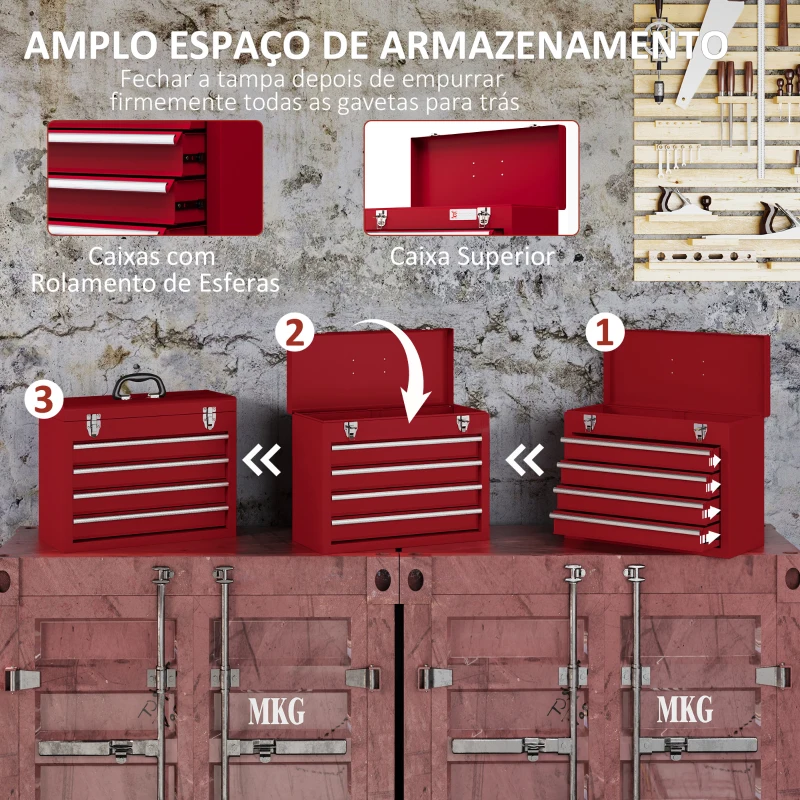 DURHAND Caixa de Ferramentas de Aço com 2 Gavetas Fechaduras Metálicas Mala de Ferramentas Portátil 51x22x39,5 cm Vermelho