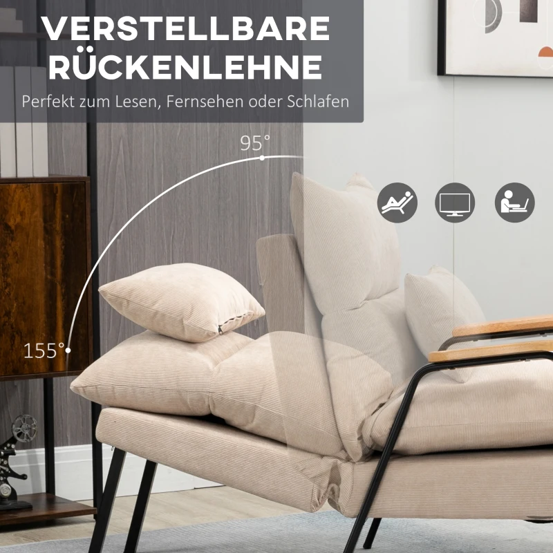 HOMCOM Polsterstoel met Voetenbank, Relaxstoel met Ligfunctie, Polsterstoel, Kussen, TV Stoel, 68 x 91,5 x 88 cm, Beige(m-4)