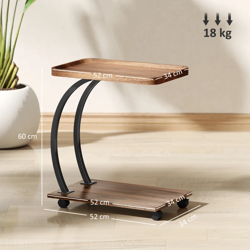 HOMCOM Mesa Auxiliar em Forma de C com Rodas para Sofá com Prateleiras Estrutura de Aço 52x34x60 cm Madeira e Preto