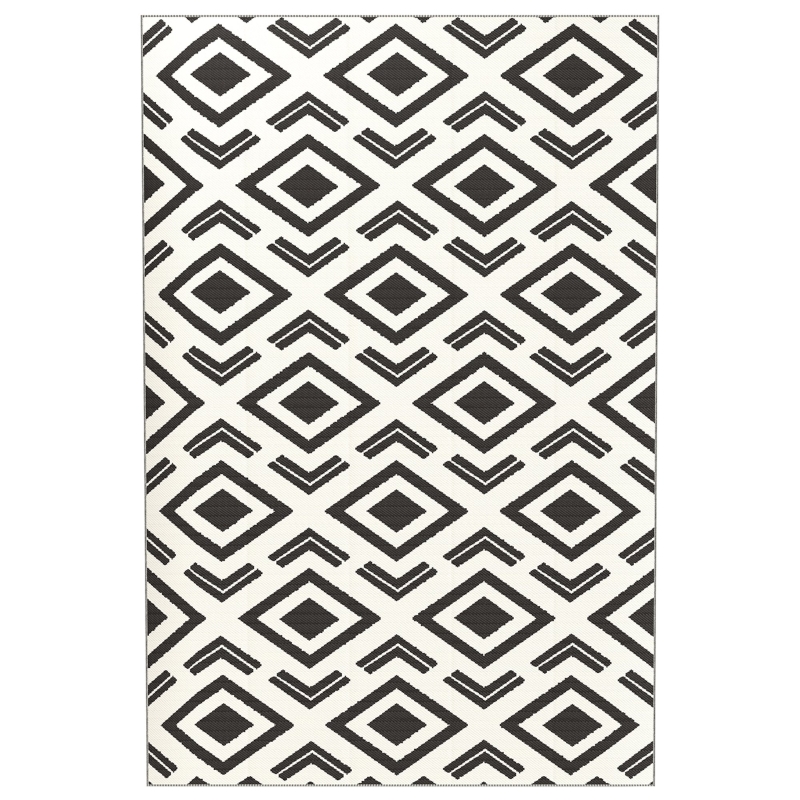 Outsunny Alfombra de Exterior Reversible 182x274 cm con Patrón Geométrico Impermeable con Bolsa Blanco y Negro
