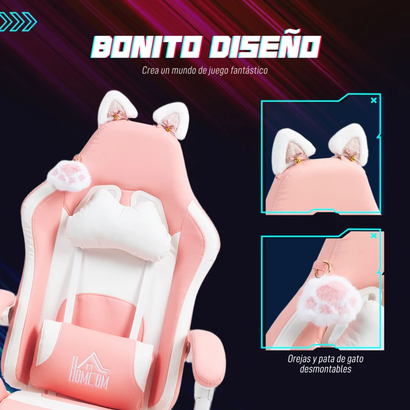 HOMCOM Silla Gamer Reclinable con Altura Ajustable Reposapiés Retráctil Soporte Lumbar y Reposacabezas Desmontable Rosa