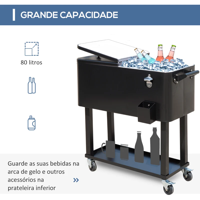 Outsunny Geleira para Bebidas Carro Refrigerado para Bebidas 75,7 L com Rodas Abridor de Garrafas e Prateleira 90x39x83 cm Preto