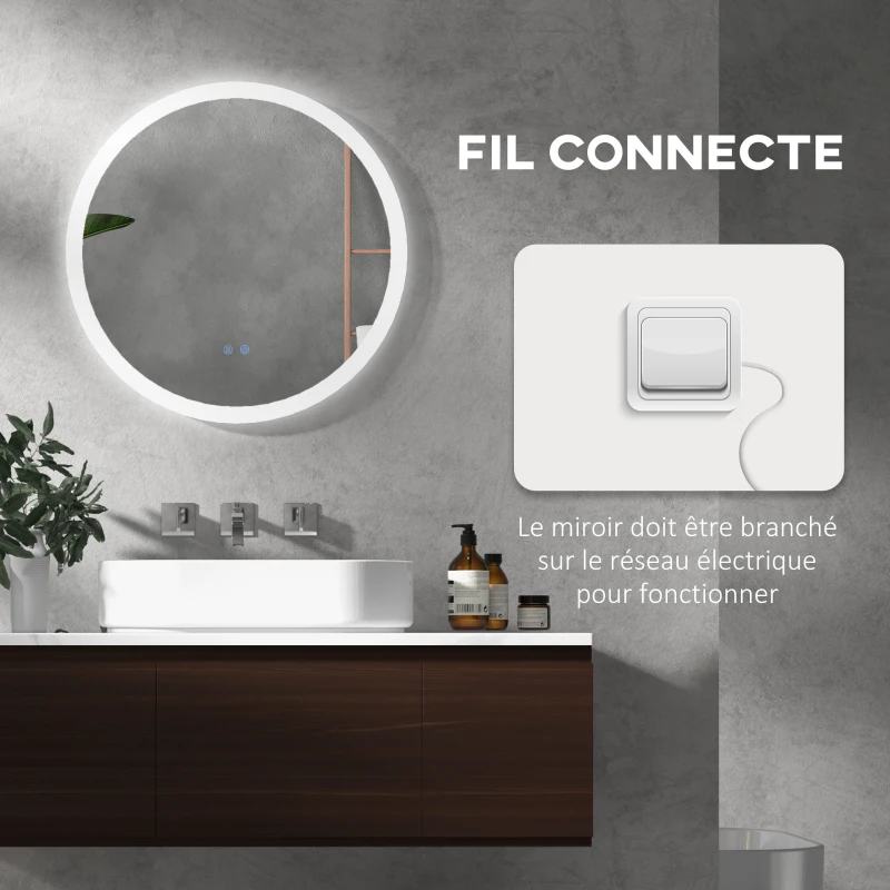 kleankin Miroir rond lumineux LED de salle de bain Ø 60 cm mural avec éclairage 3 couleurs interrupteur tactile 29 W gris