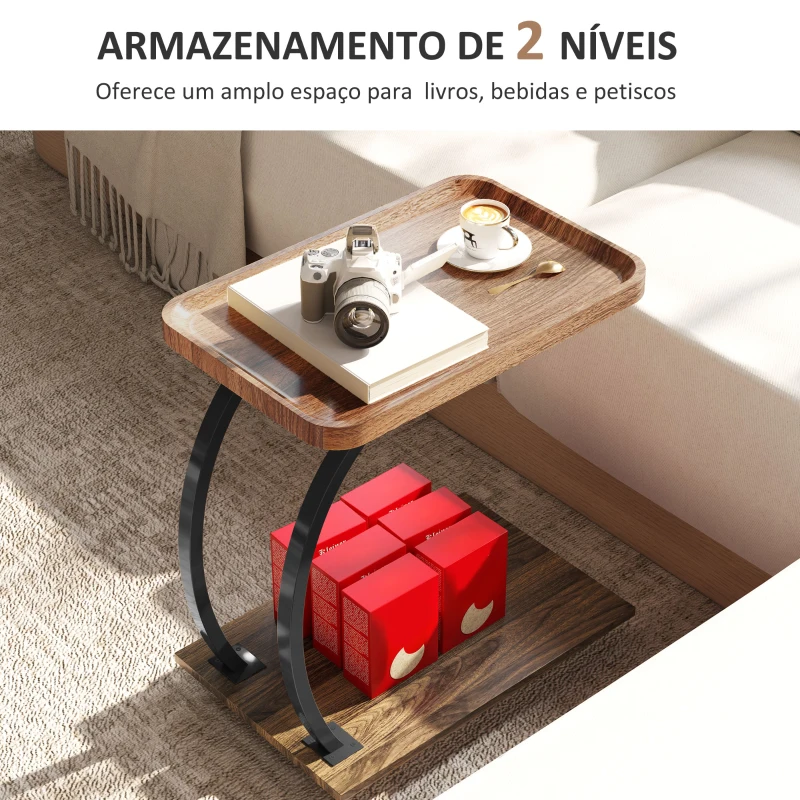HOMCOM Mesa Auxiliar em Forma de C com Rodas para Sofá com Prateleiras Estrutura de Aço 52x34x60 cm Madeira e Preto