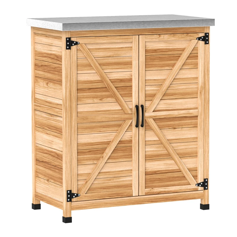 Outsunny Dulap Exterior cu Raft Intern și Banc de Lucru, Dulap de Grădină din Lemn de Brad și Oțel Zincat, 79x43x92 cm, Culoare Lemn