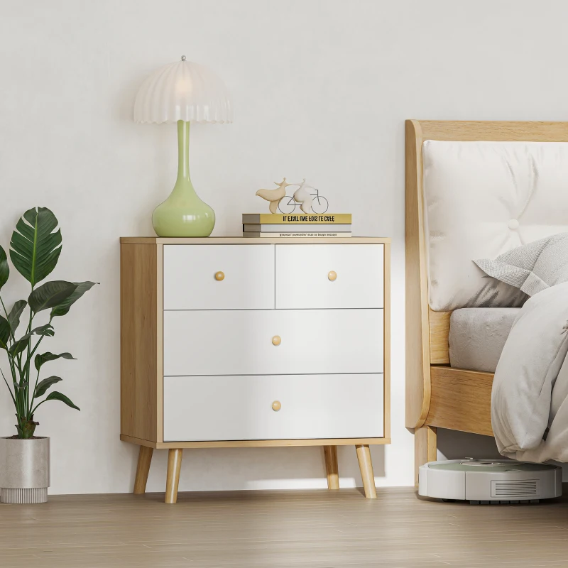 HOMCOM Cômoda de 4 Gavetas com Puxadores de Madeira Cómoda Estreita para Sala Corredor 60x35x65 cm Madeira e Branco