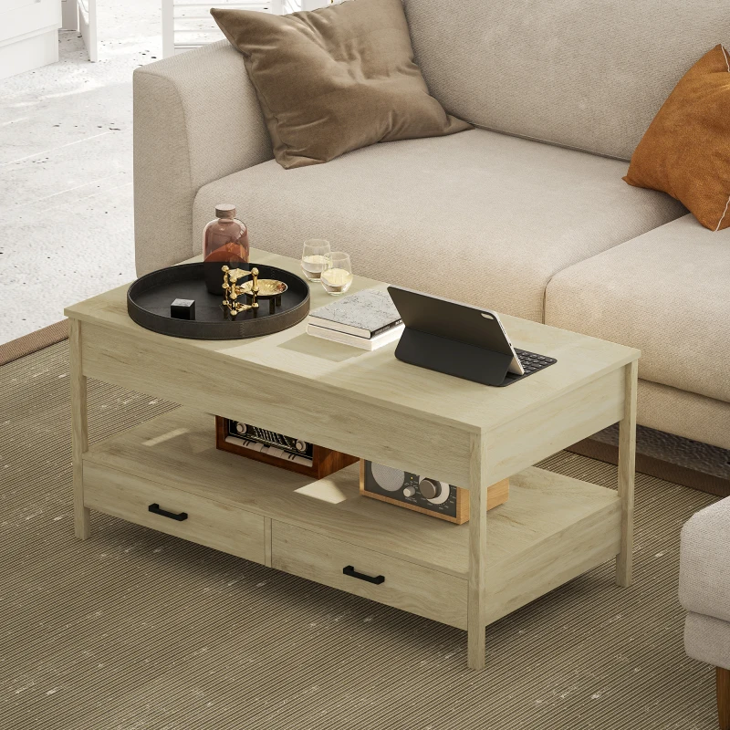 HOMCOM Mesa de Centro com Bancada Elevável Espaço Oculto de Armazenamento Gavetas e Prateleira Aberta 100x50x48-62 cm Carvalho