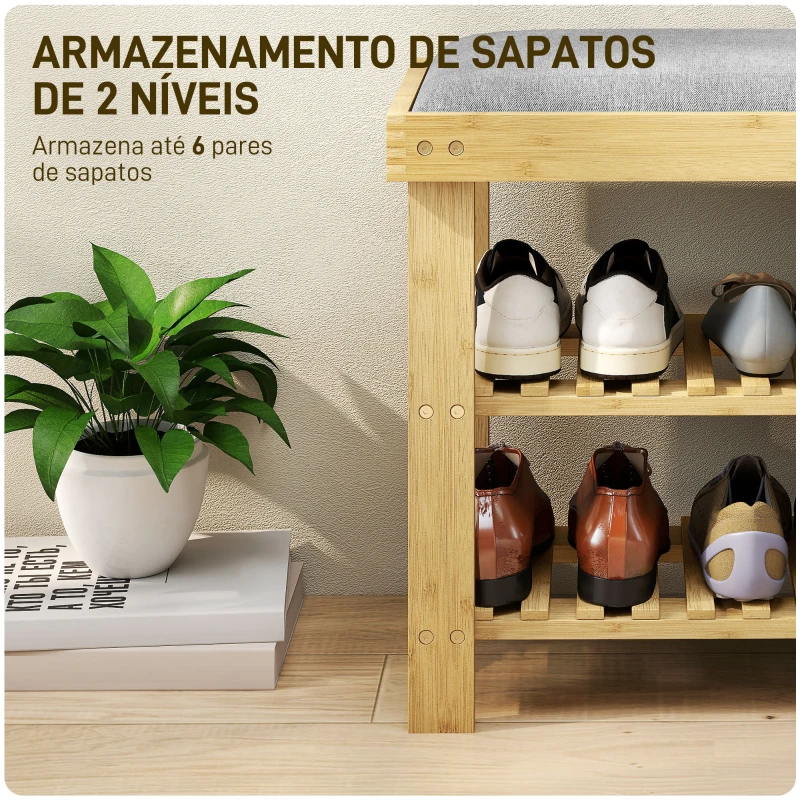 HOMCOM Banco Sapateira de Bambu Sapateira com Assento Almofadado 2 Prateleiras para 6 Pares de Sapatos 60x29x49 cm Madeira e Cinzento