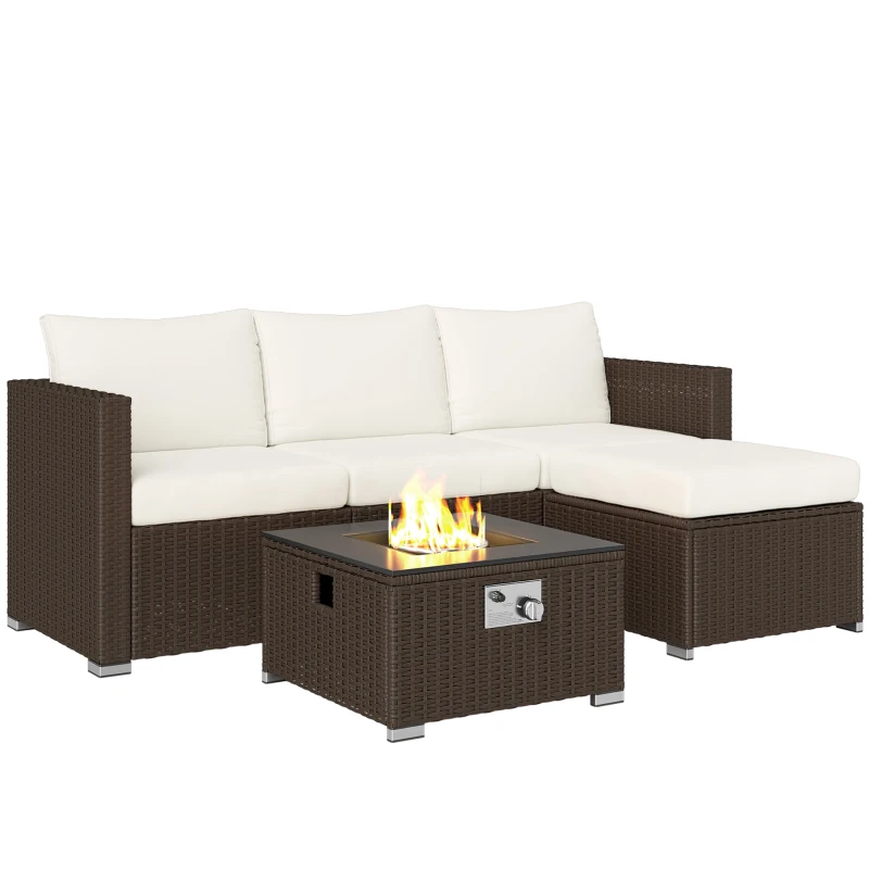 Outsunny Five Piece Rattan Garden Furniture Set with Gas Fire Pit Table and Footstool - Brown and Cream White