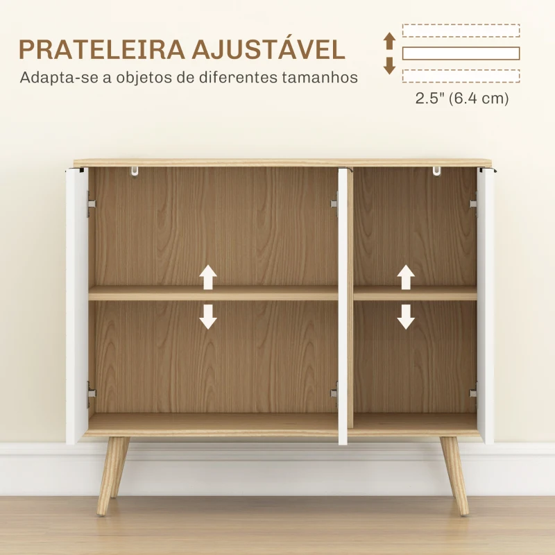 HOMCOM Aparador de Cozinha Moderno com Prateleiras Ajustáveis 2 Armários e Anti-Tombo 91,5x35x77,4 cm Branco e Madeira